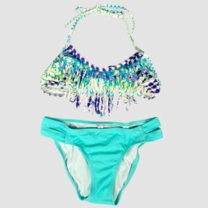 dELiA*s Fringe Bikini Set Turquoise Purple Tribal Top XS Bottom S Boho Swim